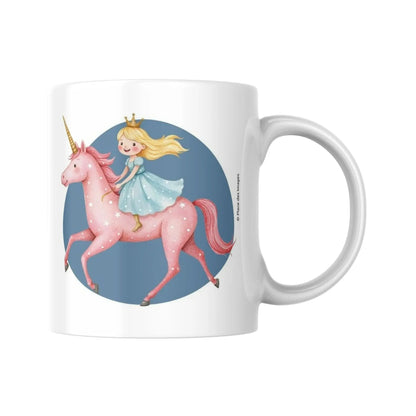Mug pour enfant avec une illustration d'une petite fille blonde montant une licorne
