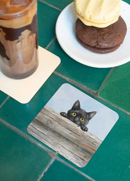 Dessous de verre - Chat noir regardant au-dessus d'une palissade - Vue en situation - Place des Images