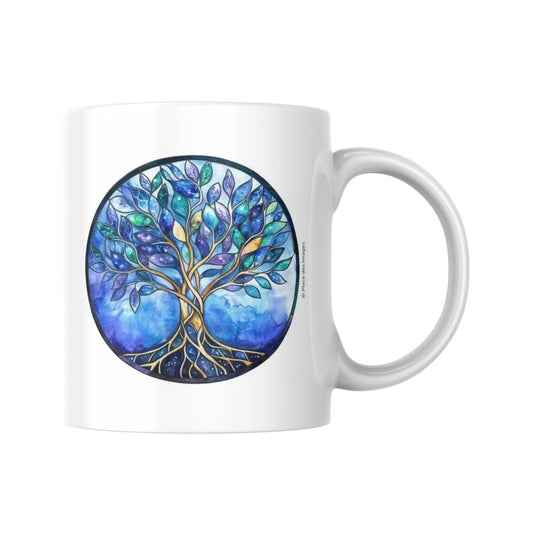 Mug blanc céramique 325ml avec illustration Arbre de vie bleu et expression Carpe Diem. Vue côté arbre