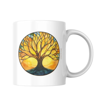 Mug blanc céramique 325ml avec illustration Arbre de vie jaune et citation de Spinoza. Vue côté arbre