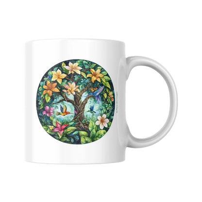 Mug blanc céramique 325ml avec illustration Arbre de vie multicolore et citation d'Omar Kayyam. Vue côté arbre