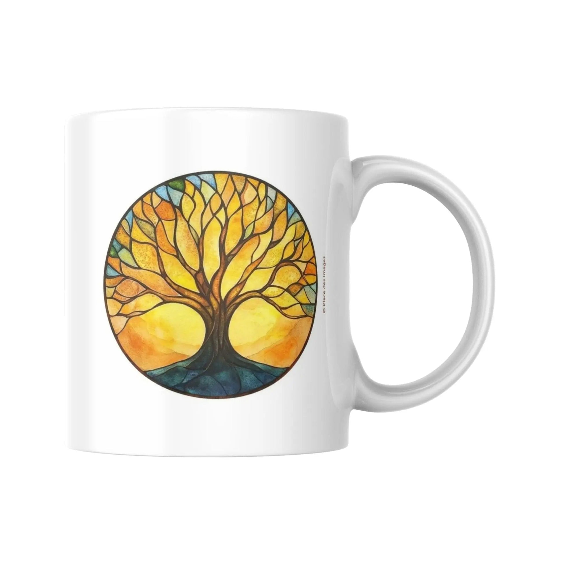 Mug blanc céramique 325ml avec illustration Arbre de vie jaune et expression "Fais de tes rêves une réalité". Vue côté arbre