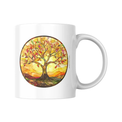 Mug blanc céramique 325ml avec illustration Arbre de vie jaune et expression "La vie est belle". Vue côté arbre