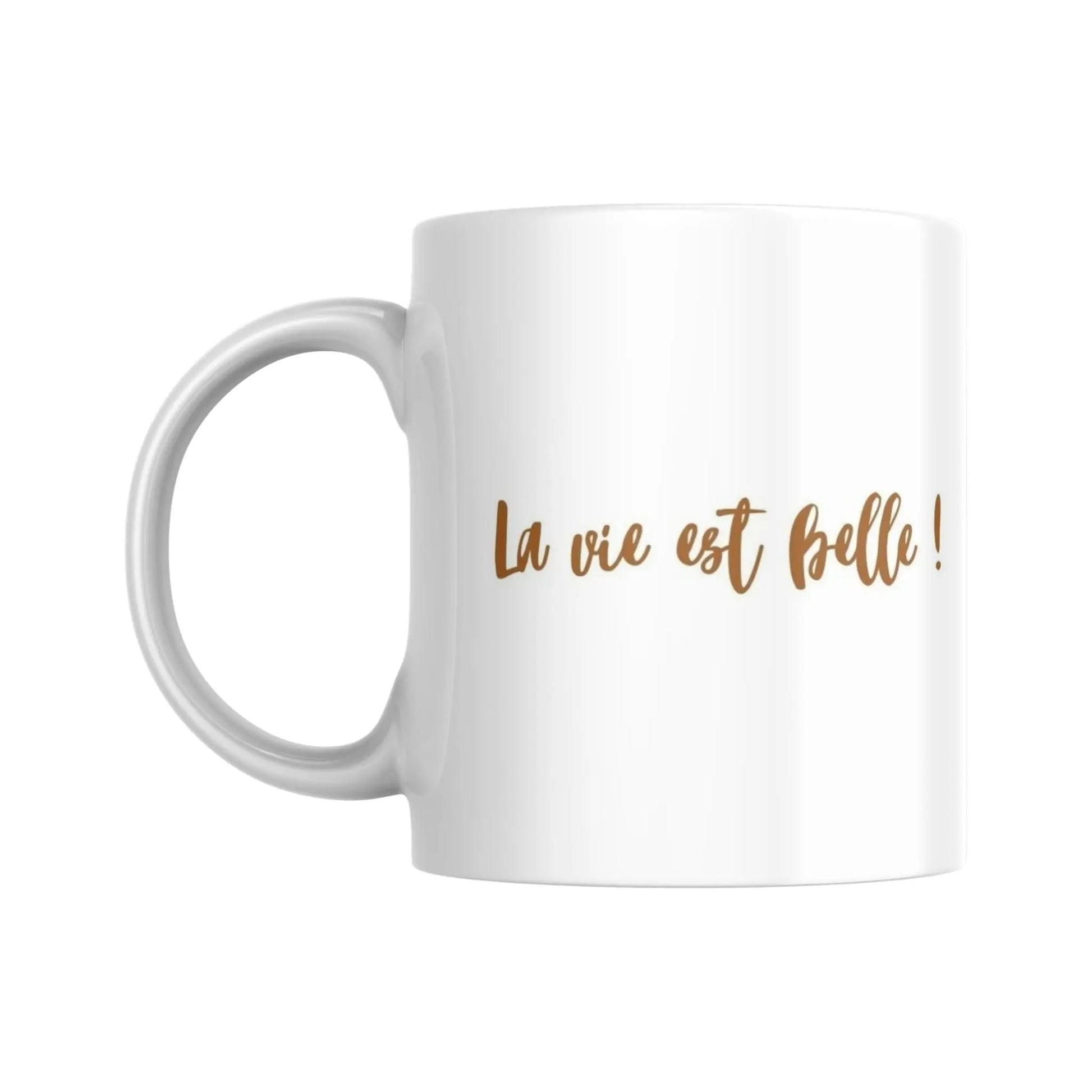 Mug blanc céramique 325ml avec illustration Arbre de vie jaune et expression "La vie est belle". Vue côté texte