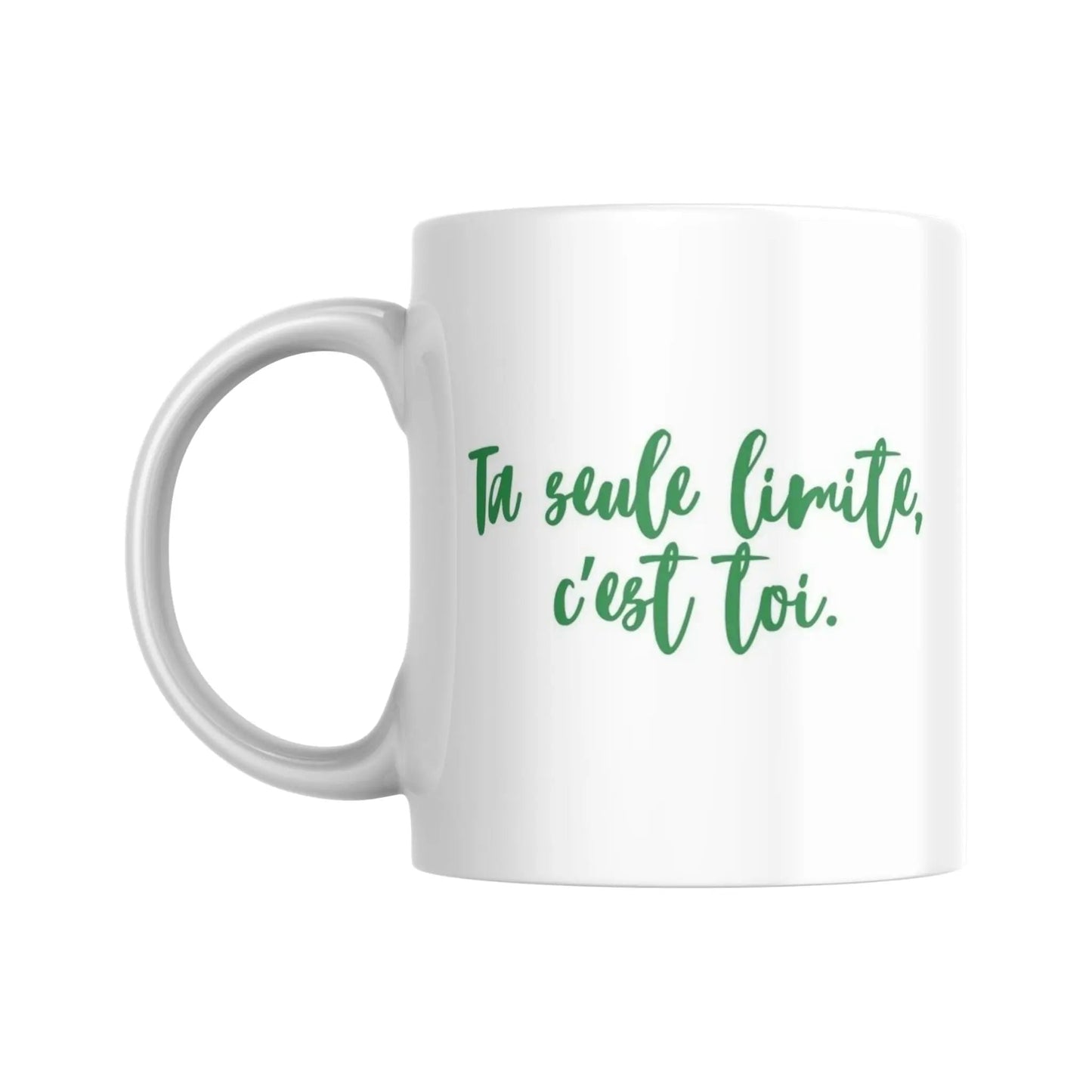 Mug blanc céramique 325ml avec illustration Arbre de vie jaune et expression "Ta seule limite, c'est toi". Vue côté expression