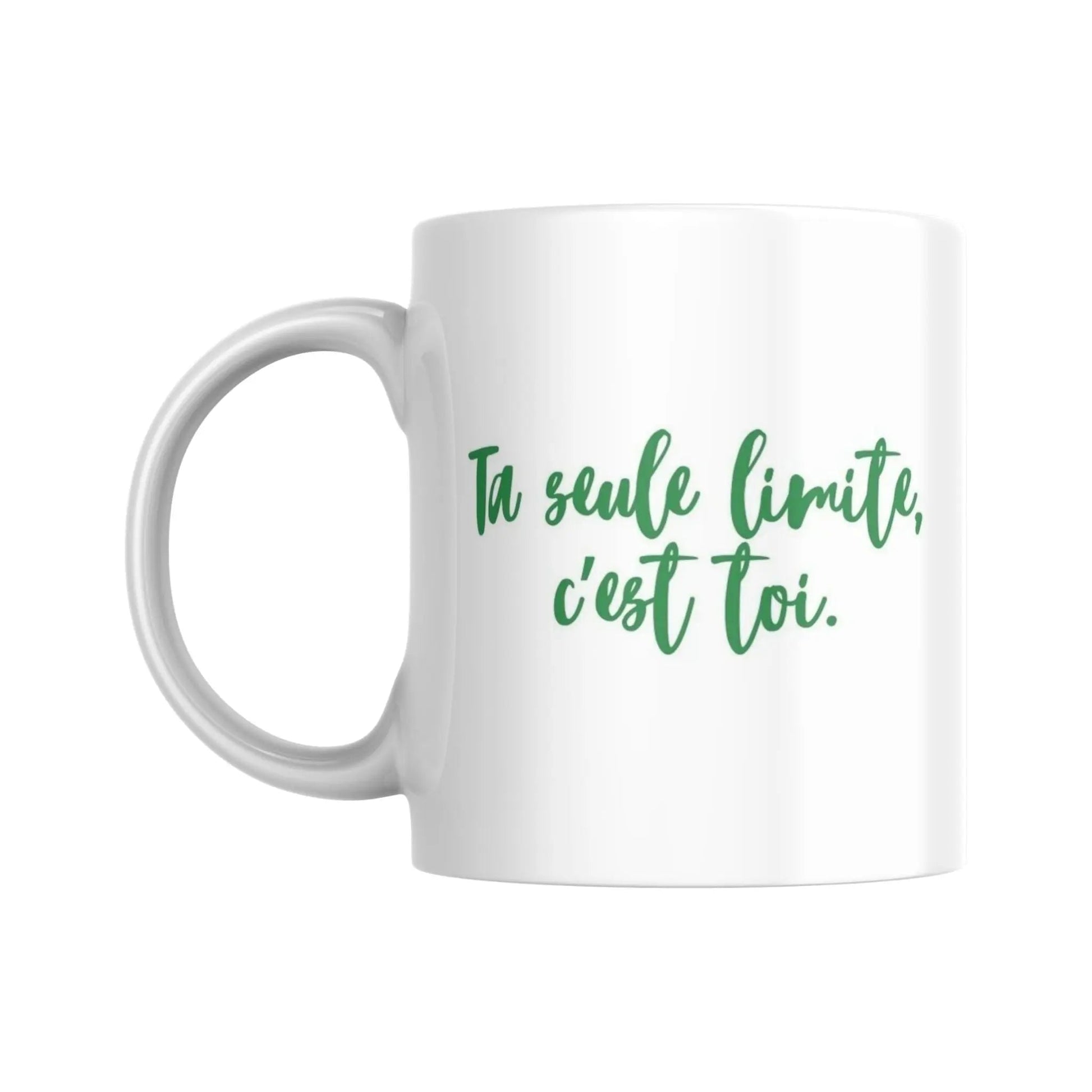 Mug blanc céramique 325ml avec illustration Arbre de vie jaune et expression "Ta seule limite, c'est toi". Vue côté expression