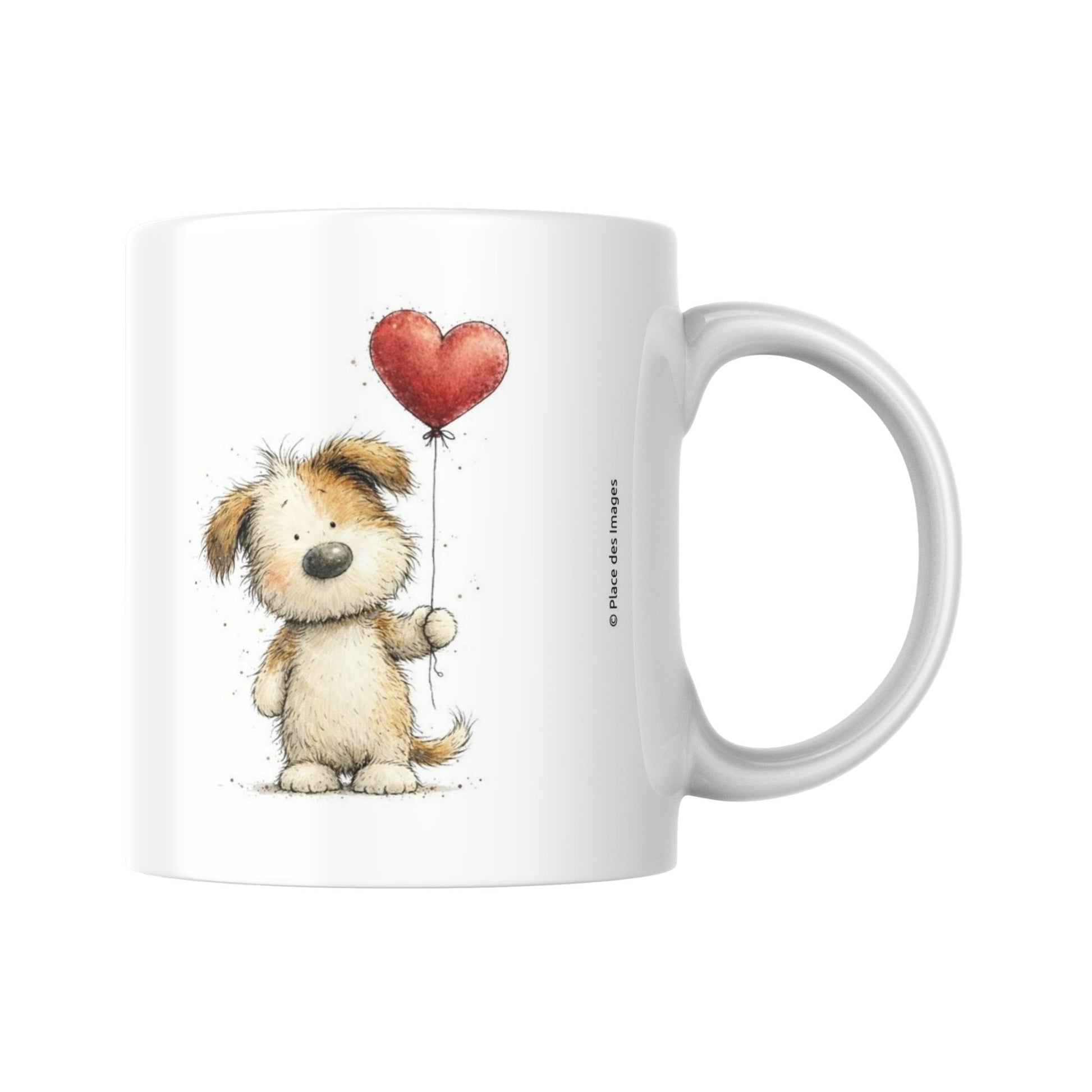 Mug romantique avec illustration d'un petit chien mignon tenant un ballon rouge en forme de coeur