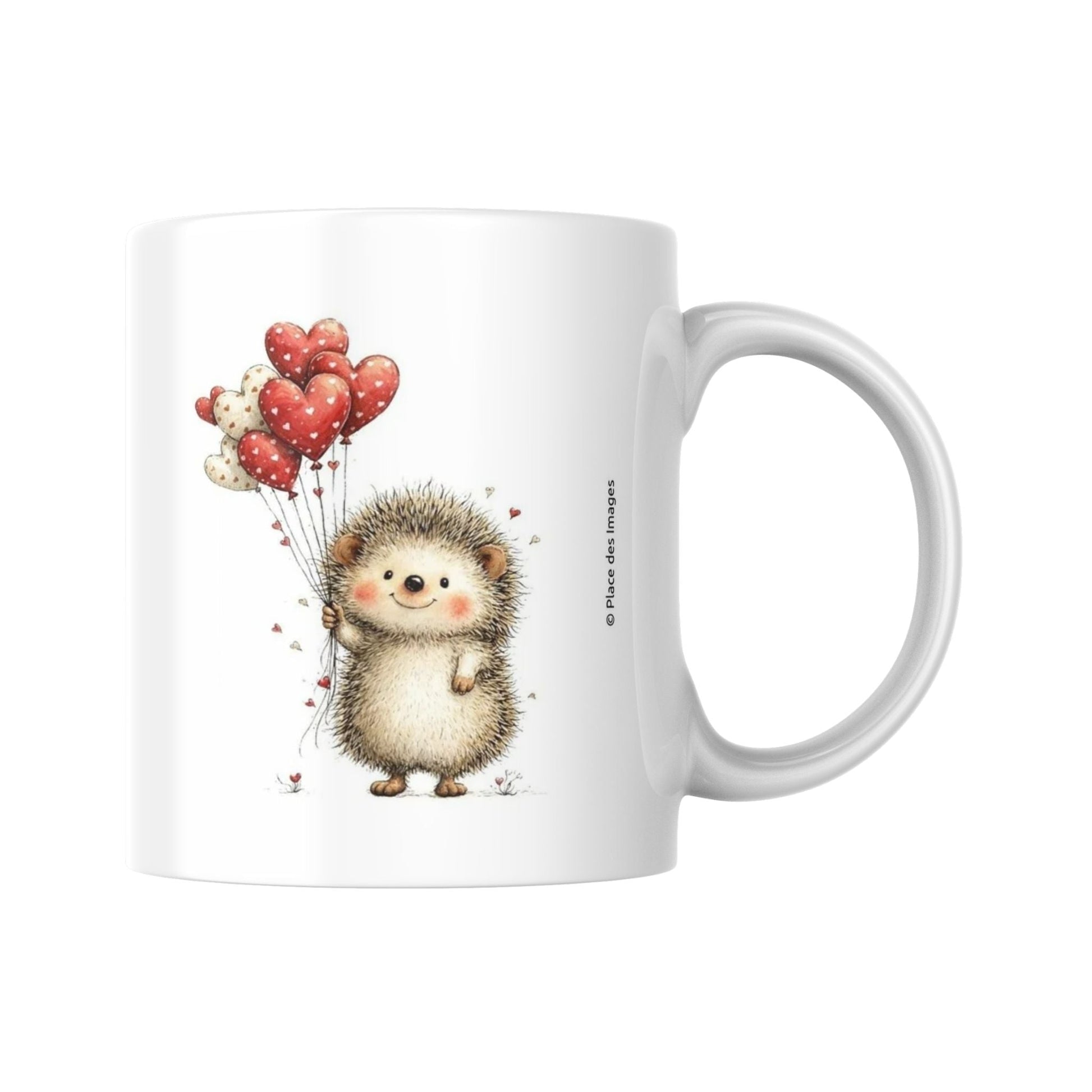 Mug céramique 325ml illustré avec un mignon hérisson tenant des ballons rouges en forme de cœur