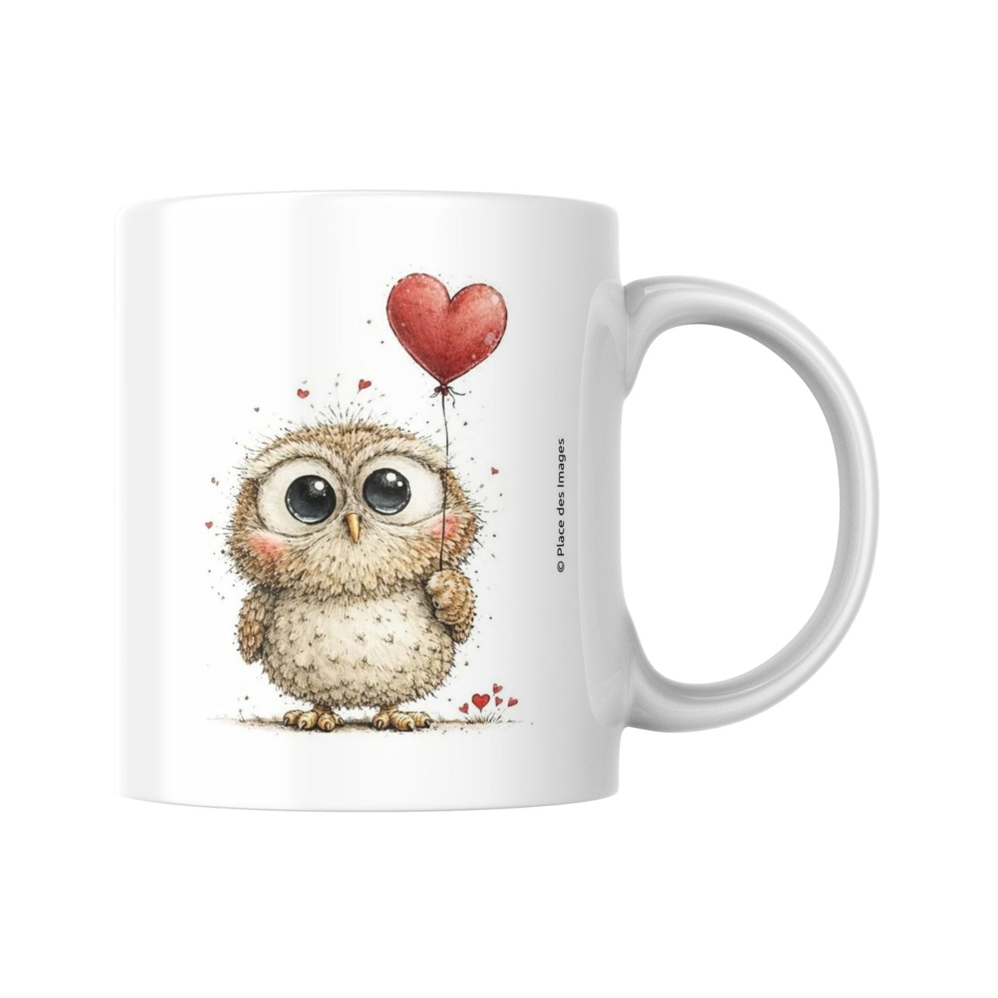Mug en céramique blanche illustré d'un petit hibou tenant un ballon en forme de cœur rouge pour la Saint-Valentin