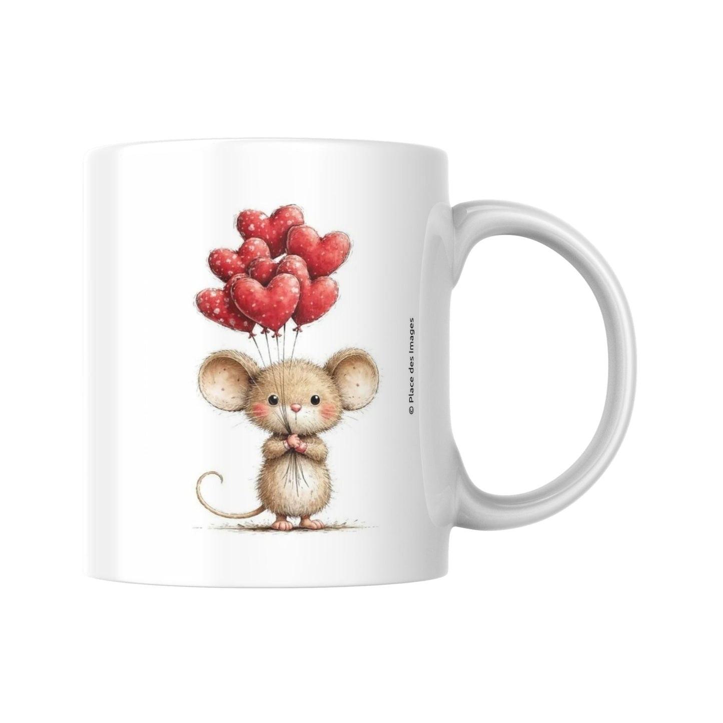 Mug illustré avec petite souris tenant des ballons rouges en forme de cœurs