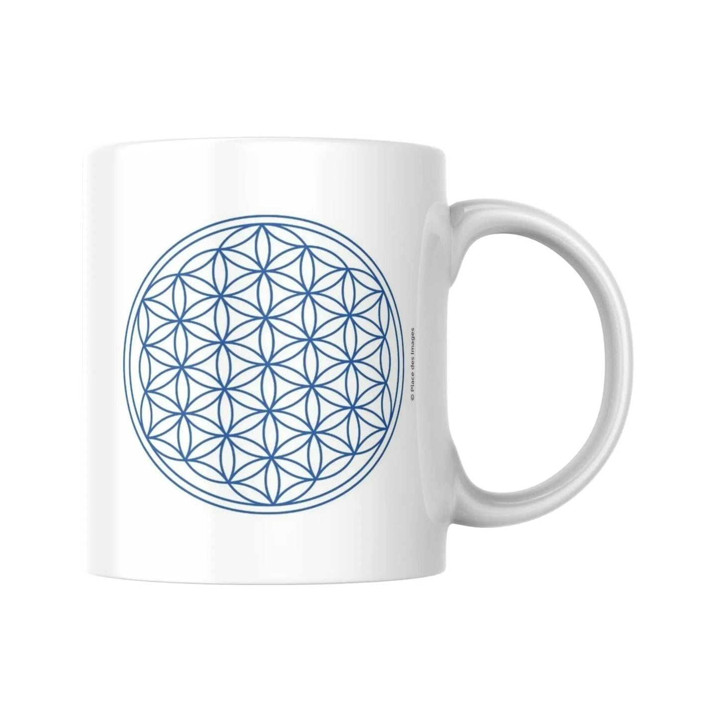 Mug blanc céramique 325ml avec illustration Fleur de vie jaune et expression "Ne te compare pas, tu es unique". Vue côté arbre