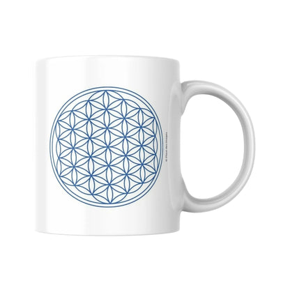 Mug blanc céramique 325ml avec illustration Fleur de vie jaune et expression "Ne te compare pas, tu es unique". Vue côté arbre