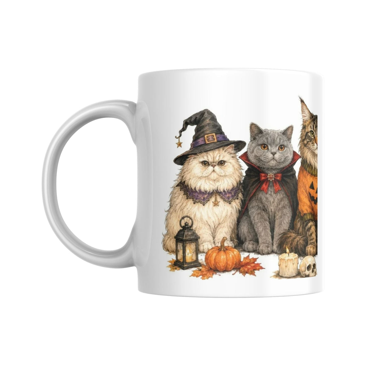 Mug en céramique Place des Images avec illustration aquarelle de chats déguisés pour Halloween et citrouilles
